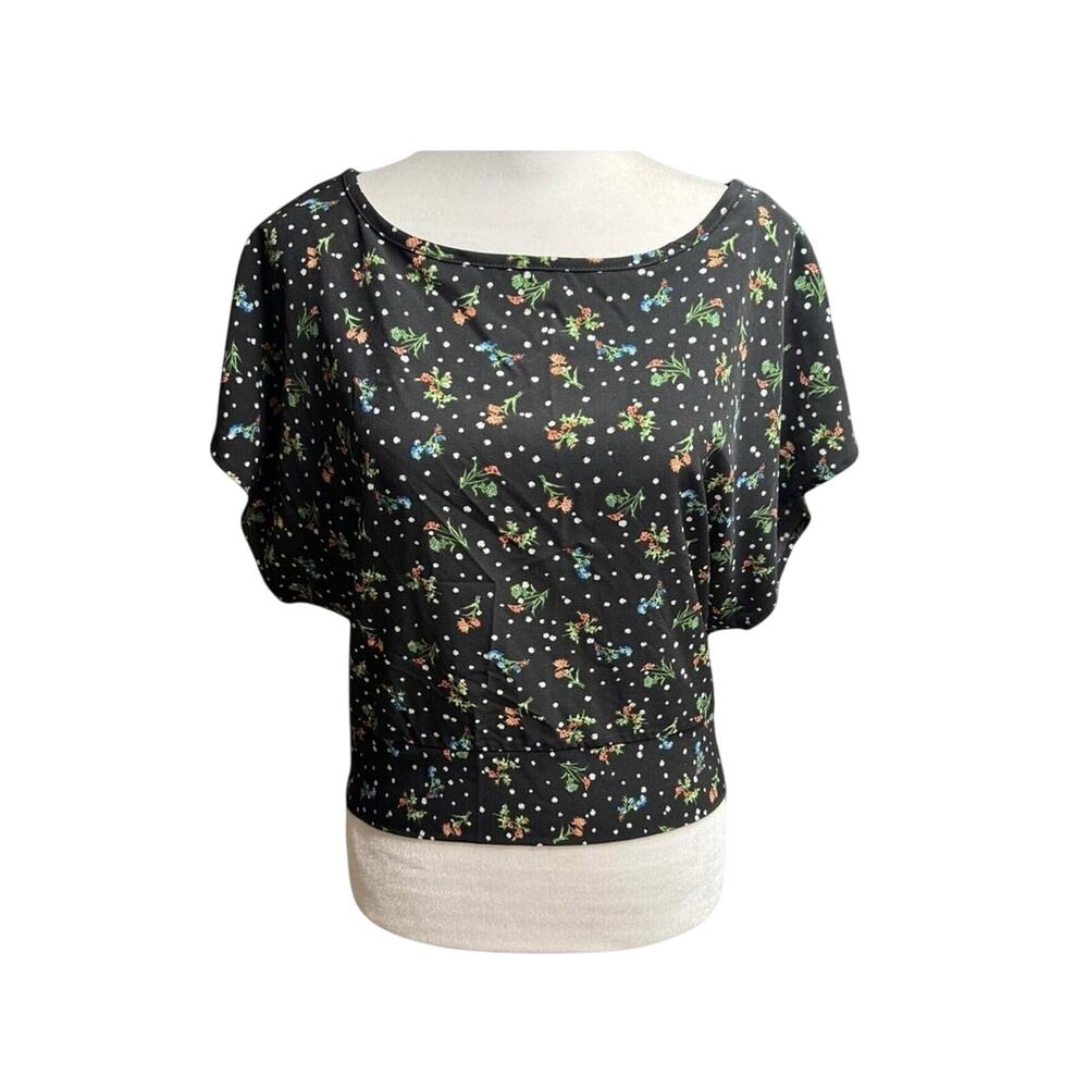 Klaxons Open Back Tie Crop Blouse Black Floral Festival L